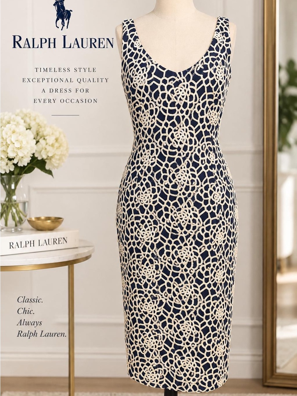 Lauren Ralph Lauren Size 12 Navy Cream Embroidered Floral Midi Dress Fully Lined